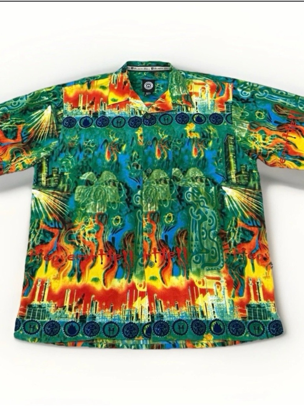 Heaven Or Hell Graphic Button Shirt L Colorful Abstract Streetwear